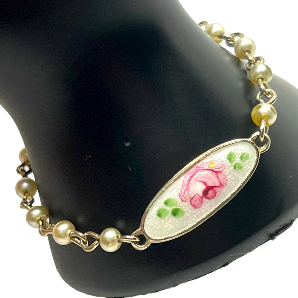 Guilloche enamel painted pink rose flower faux pearl bracelet SMALL or kids